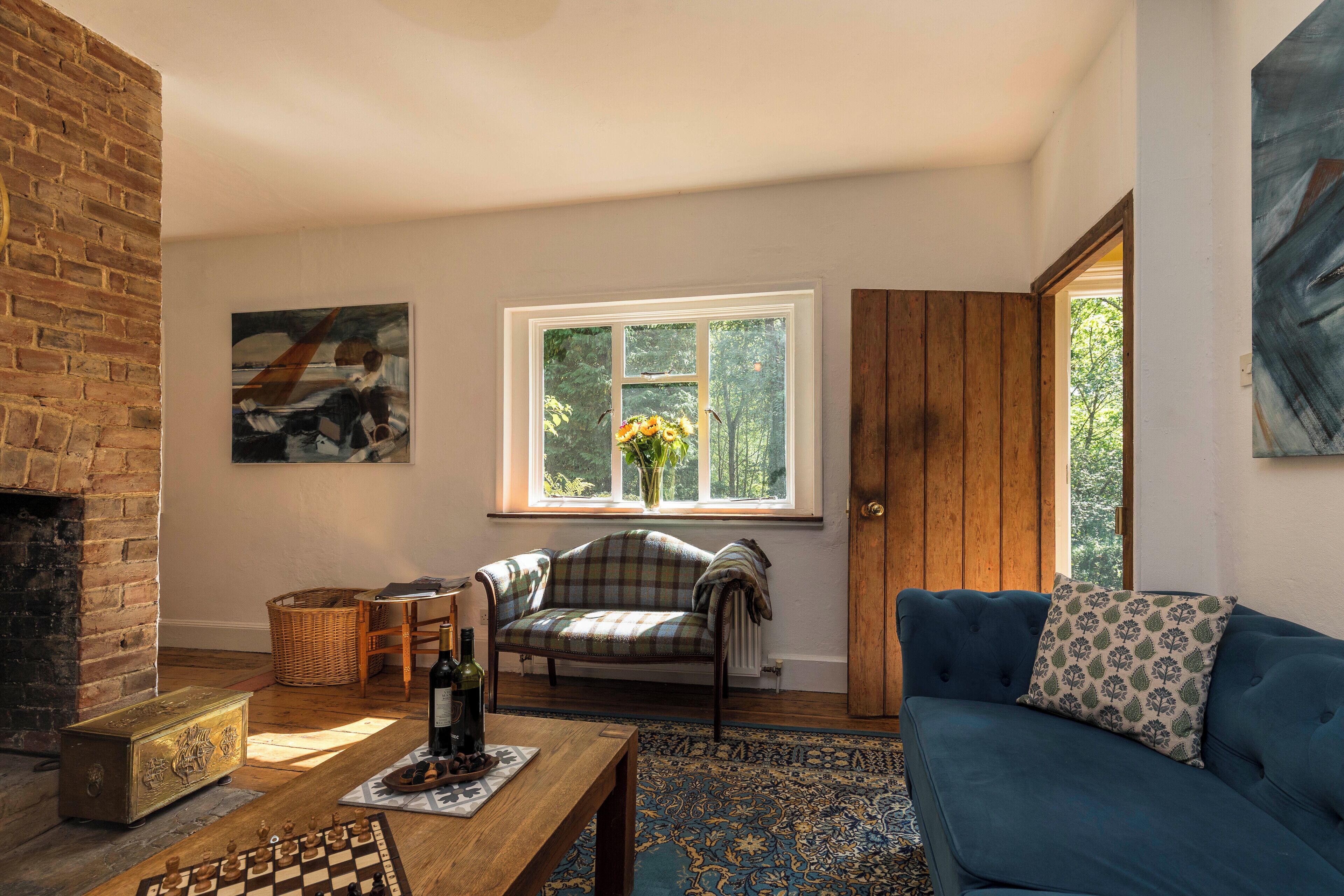 TV, fireplace, books