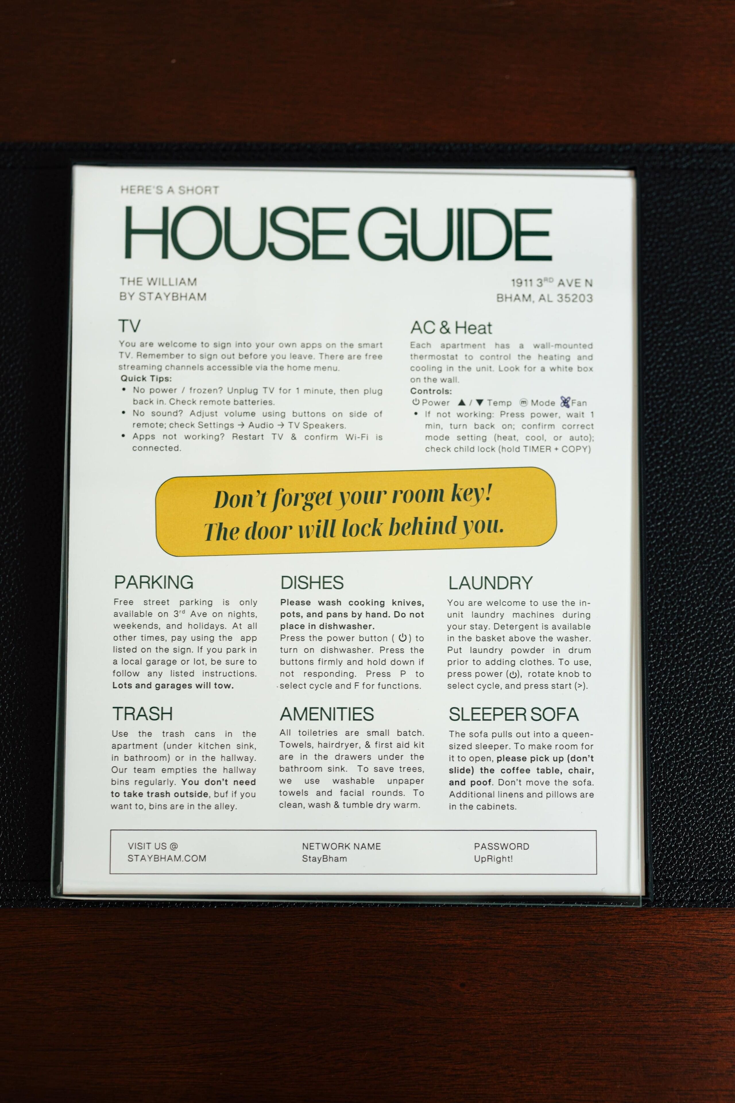 A house guide for The William by Staybham, detailing amenities like TV, AC & Heat, parking, dishes, laundry, trash, amenities, and sleeper sofa.