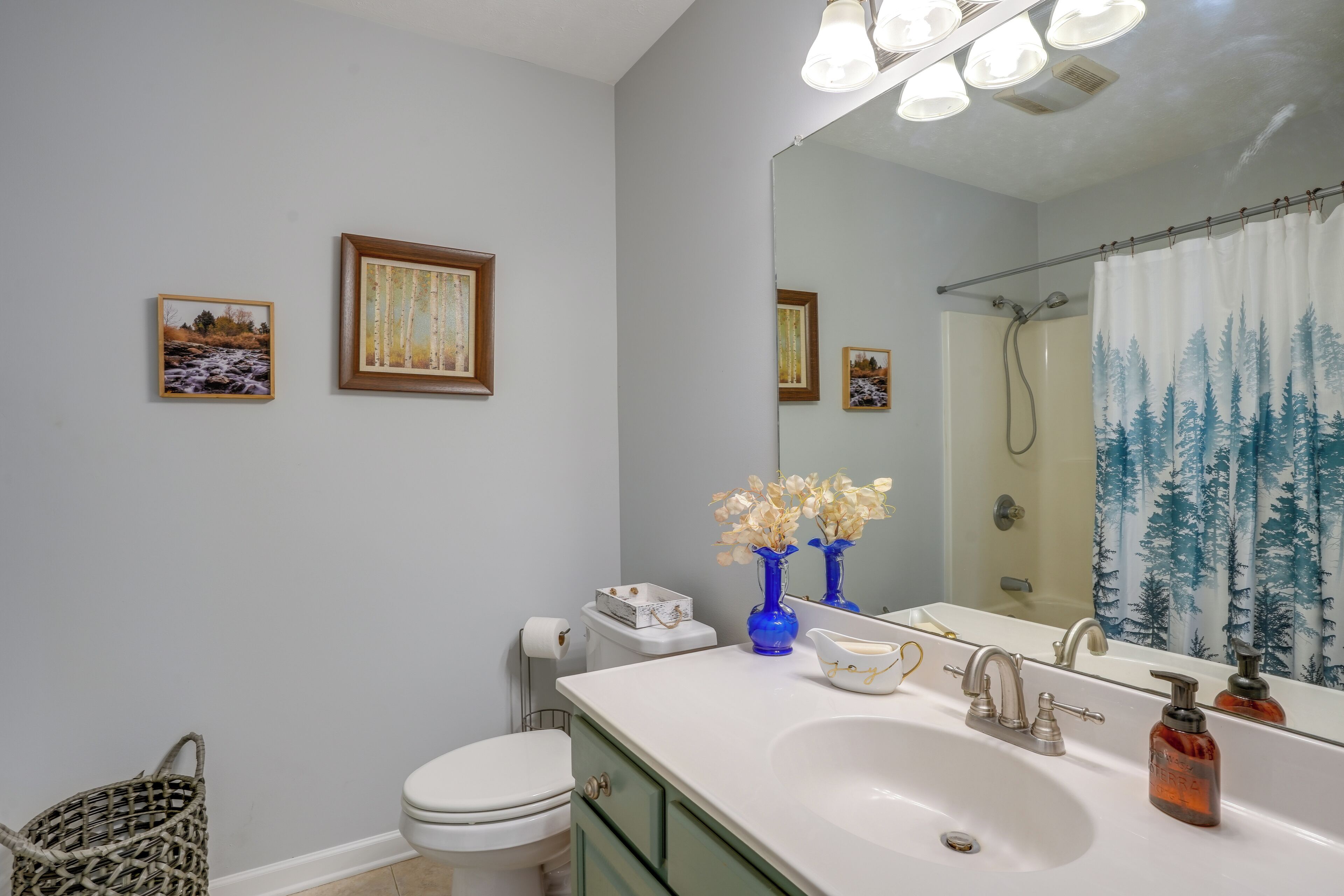 A bathroom with a white sink, a mirror, a shower curtain with a forest design, and two framed pictures on the wall.