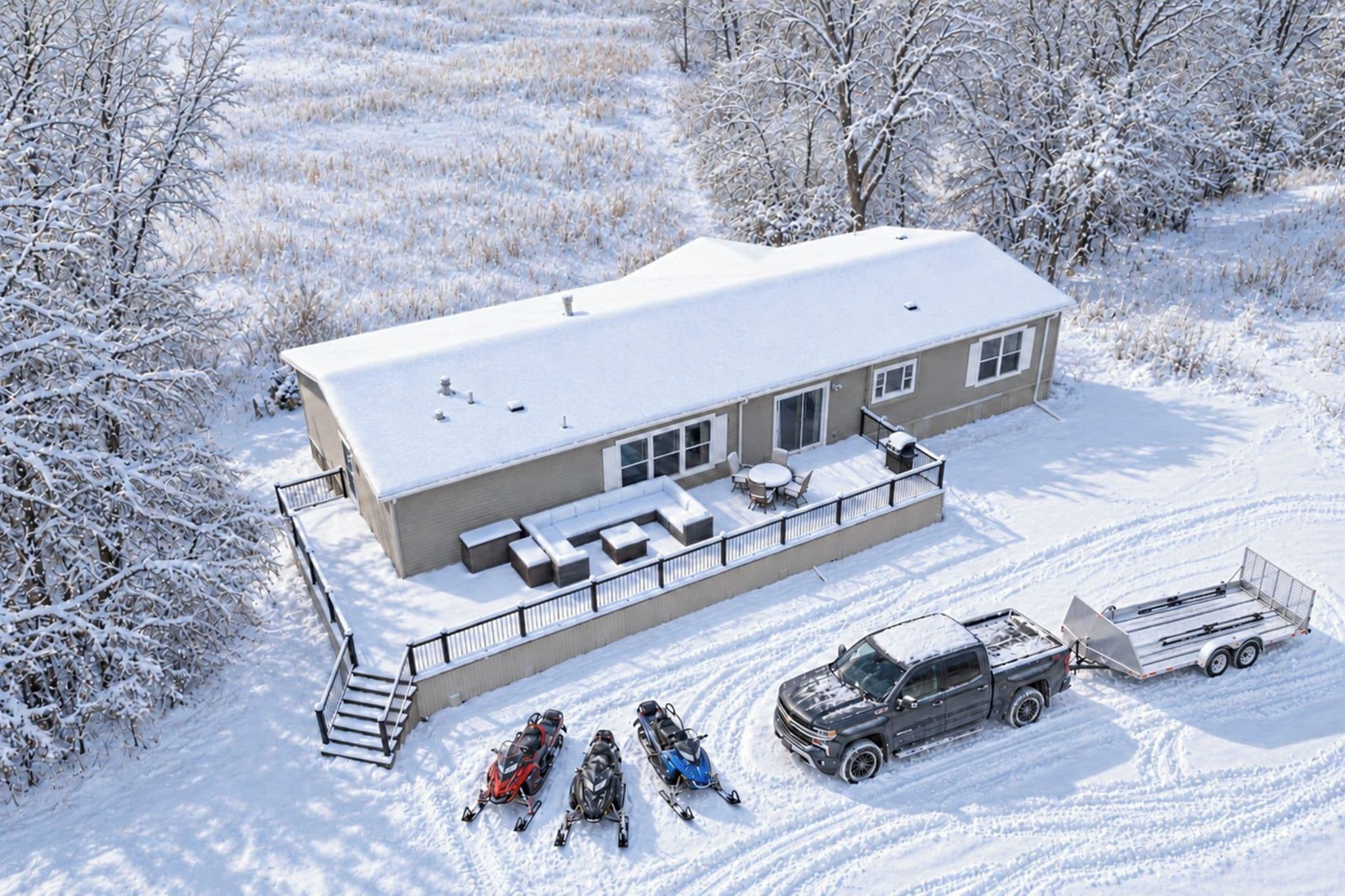 A house with a covered patio, a truck, and three snowmobiles parked in front.