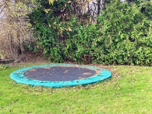 A trampoline with a blue safety net in a grassy area with trees in the background. - 4 Star Holiday Home in Dannemare (Dannemare)