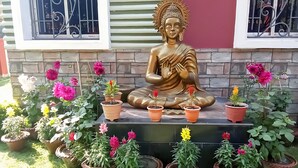 A Buddha statue surrounded by potted plants in a garden setting. - Swapno Chhobi (Bolpur)