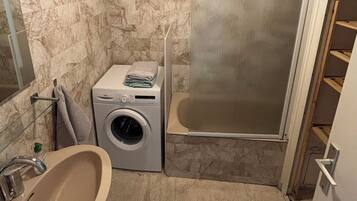 Shower, hair dryer, soap, toilet paper