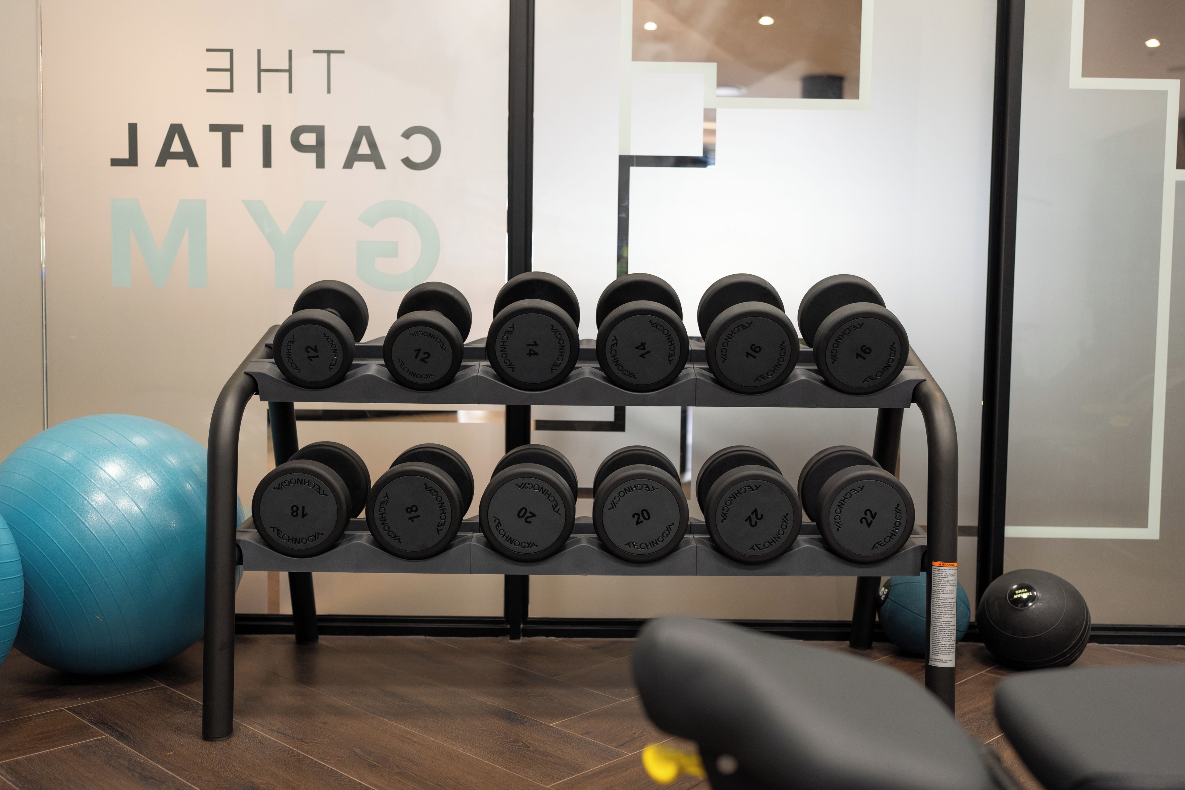 Une salle de sport équipée d’un porte-haltères et de ballons d’exercice.