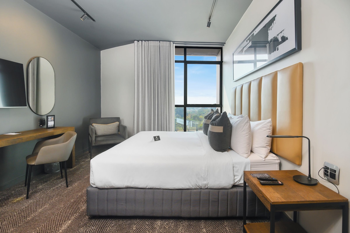 A hotel room with a bed, a desk, a chair, a TV, a window with curtains, and a view of the city.