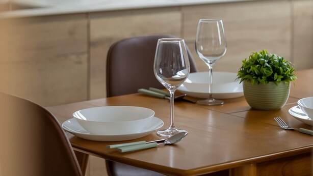 A dining table set with plates, glasses, and a small plant.