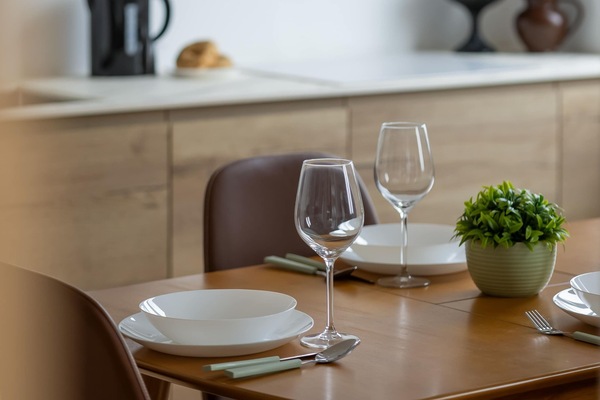 A close-up of the dining area and tableware.