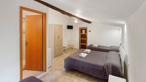 A bedroom with two beds, a wooden wardrobe, a chair, and a television on the wall. - Libeccio Garden View Room with Wi-Fi and Air Conditioning (Pisciotta)