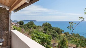 A balcony with a view of the sea and distant land. - Room 'Camera Palinuro Vista Mare' with Sea View, Wi-Fi and Air Conditioning (Pisciotta)