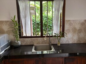 Fridge, microwave, stovetop, cookware/dishes/utensils