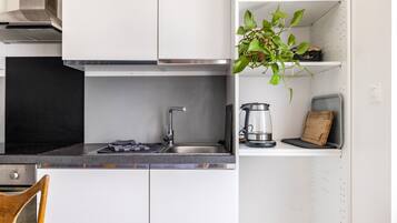 Een koelkast, een microgolfoven, een oven, een kookplaat