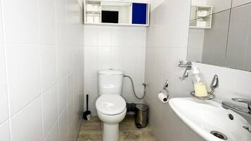 Secadora de cabello, toallas, jabón, papel de baño