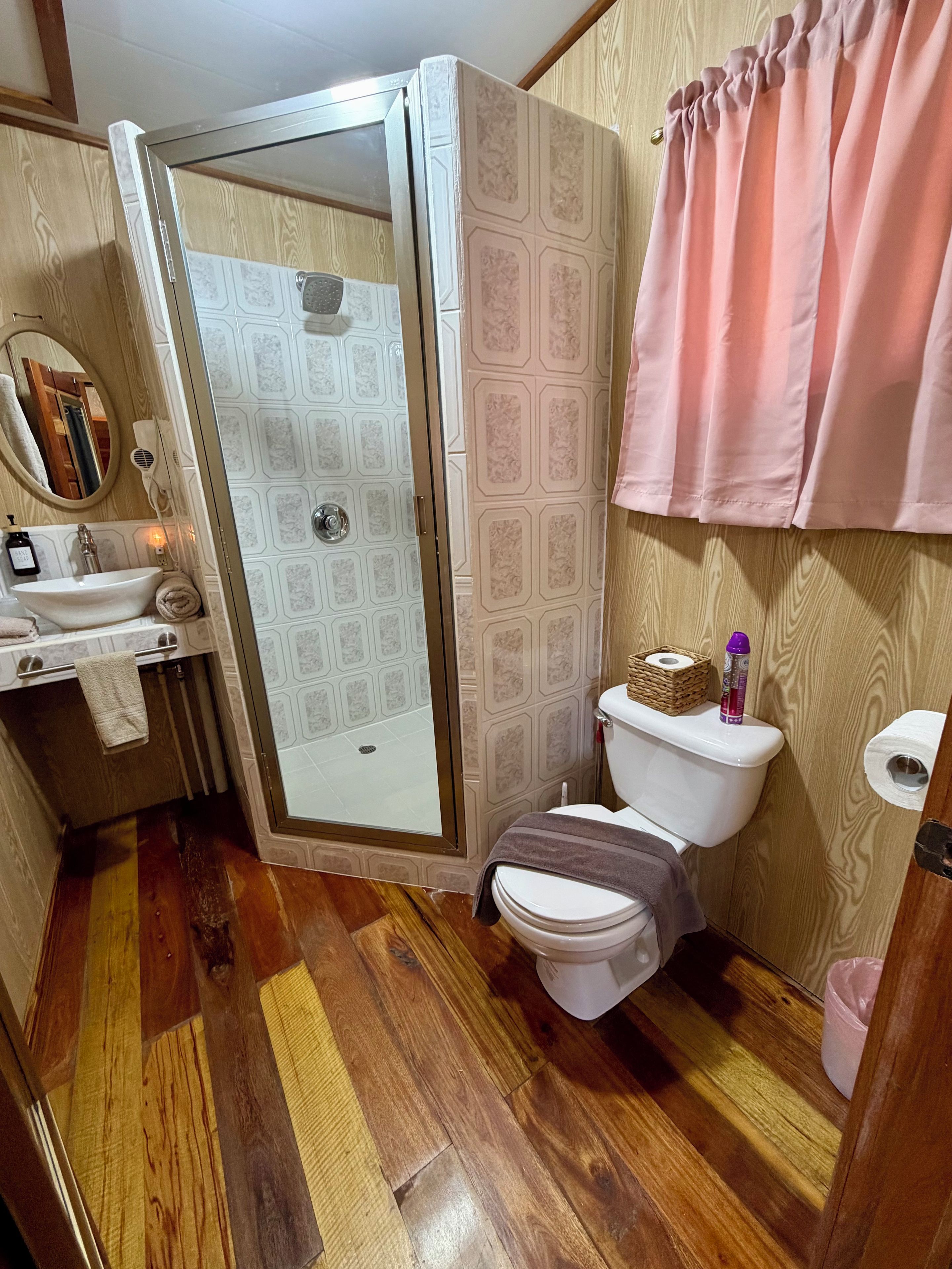 Une salle de bain avec douche, toilettes et lavabo.