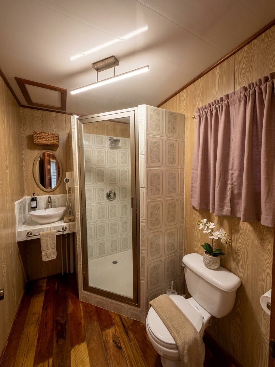 Une salle de bain équipée d’une douche, de toilettes, d’un lavabo et d’un miroir.
