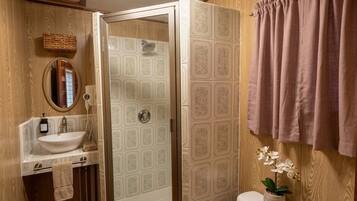 Une salle de bain équipée d’une douche, de toilettes, d’un lavabo et d’un miroir.
