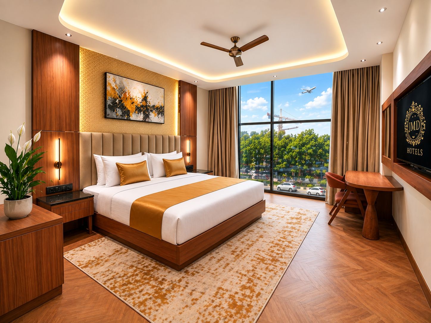 Habitación de hotel moderna con una cama grande, un escritorio, un televisor y vistas a la ciudad.