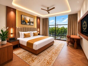 A modern hotel room with a large bed, a desk, a TV, and a view of the city. - Hotel Grand Shalimar by JMD Group (New Delhi)