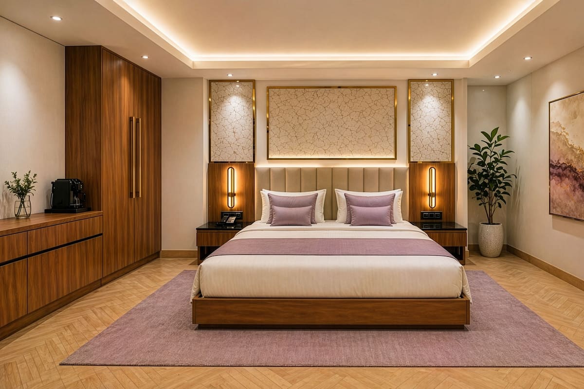Un dormitorio moderno con una cama grande, armario de madera, lámparas de noche y un cuadro abstracto de gran tamaño en la pared.