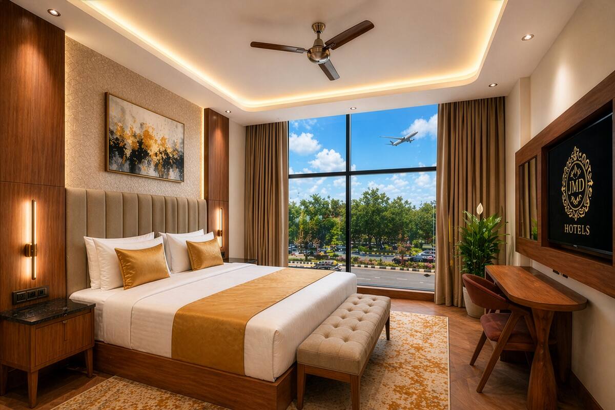 Una habitación de hotel moderna con una cama grande, un escritorio, un ventilador de techo, un televisor y vistas al exterior.