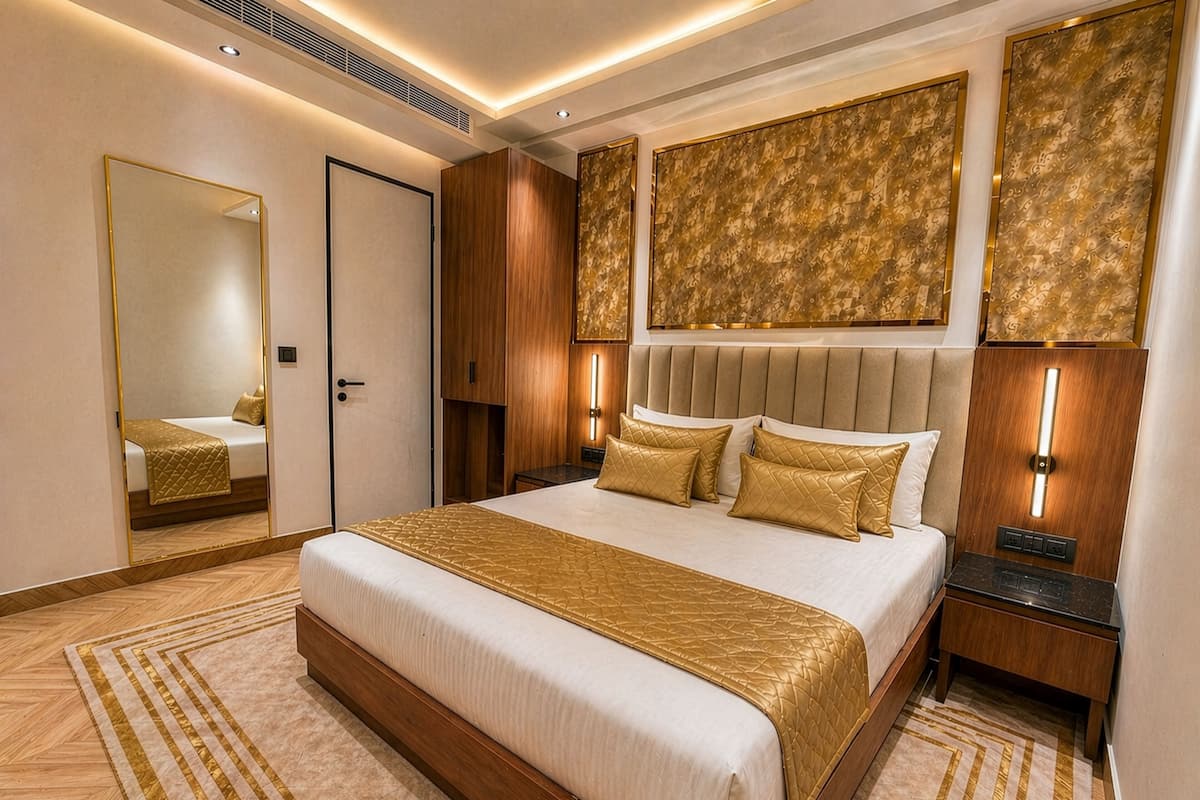 Una habitación de hotel moderna con una cama grande, un espejo, un armario y una cabecera con iluminación integrada.