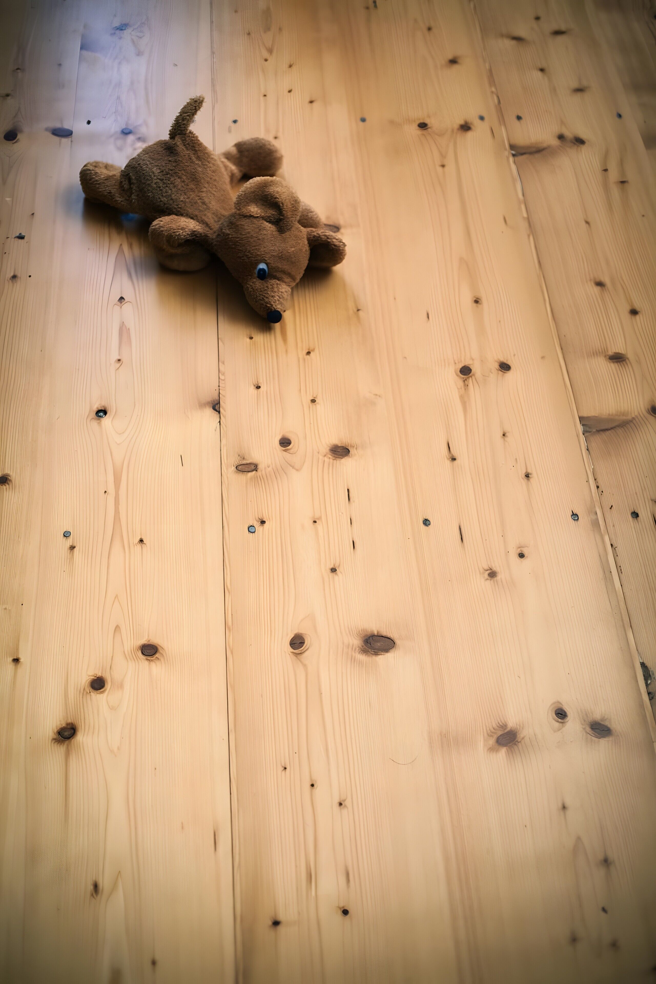 Ein Plüschtier auf Holzboden.