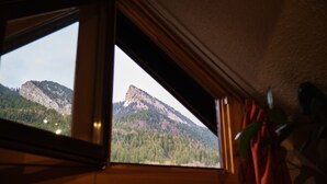 Een uitzicht op een berg en bos vanuit een raam.