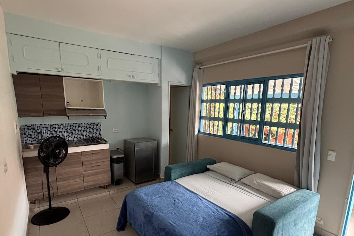 A bedroom with a bed, a window with a view, a kitchenette, and a standing fan.