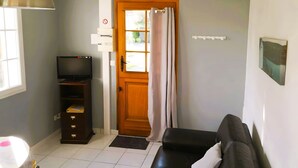 Una habitación con televisión, puerta de madera, sofá y un escritorio pequeño.