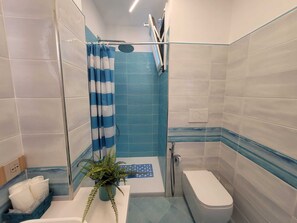 Hair dryer, towels, soap, shampoo