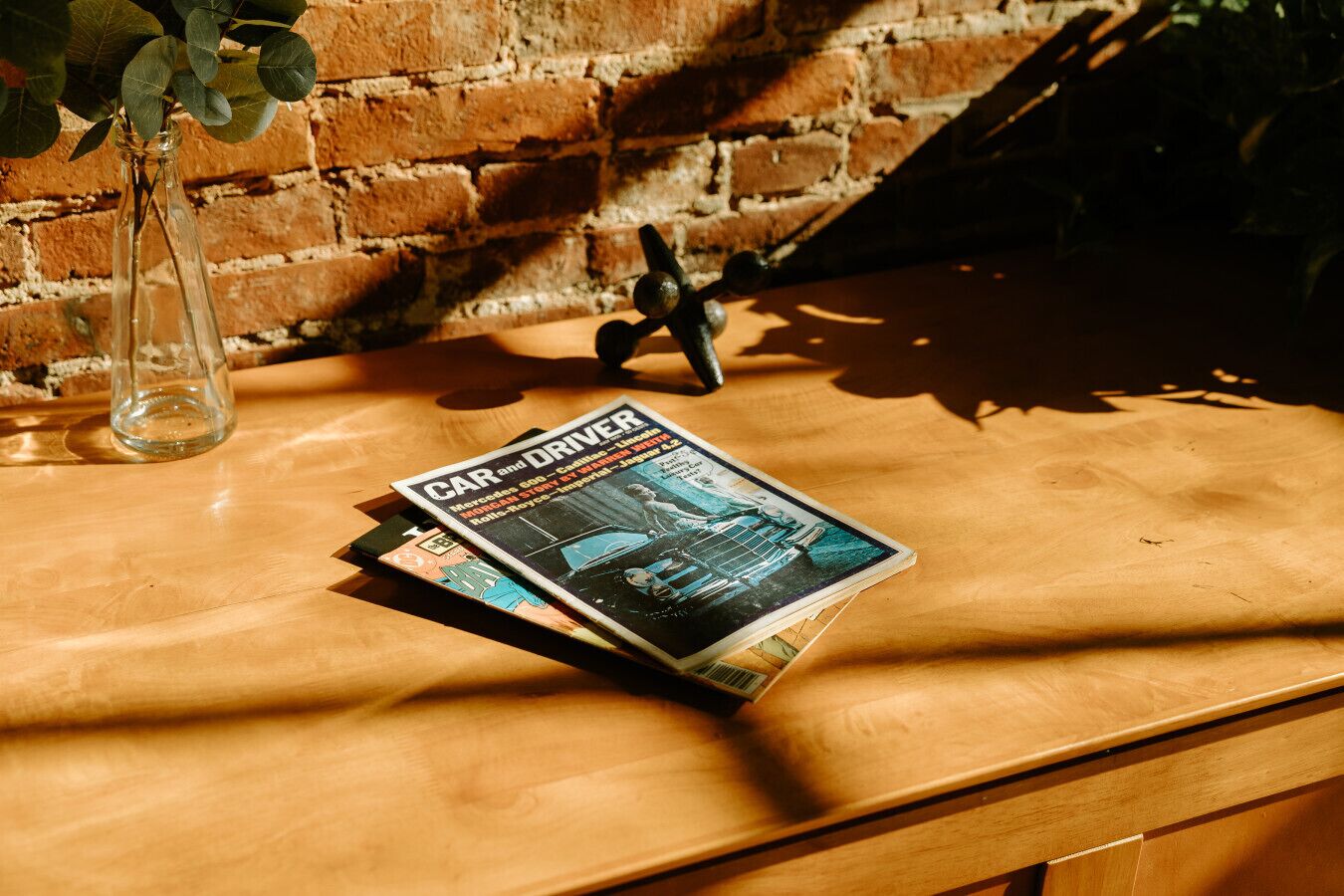 Una revista titulada "CAR and DRIVER" sobre una mesa de madera, con un muro de ladrillo al fondo.