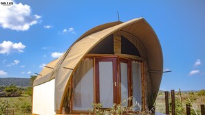 Tienda de forma abovedada con puerta y ventanas de madera, rodeada de vegetación natural.