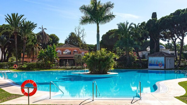Piscina com um salva-vidas, rodeada por palmeiras e um edifício com telhado em azulejos.