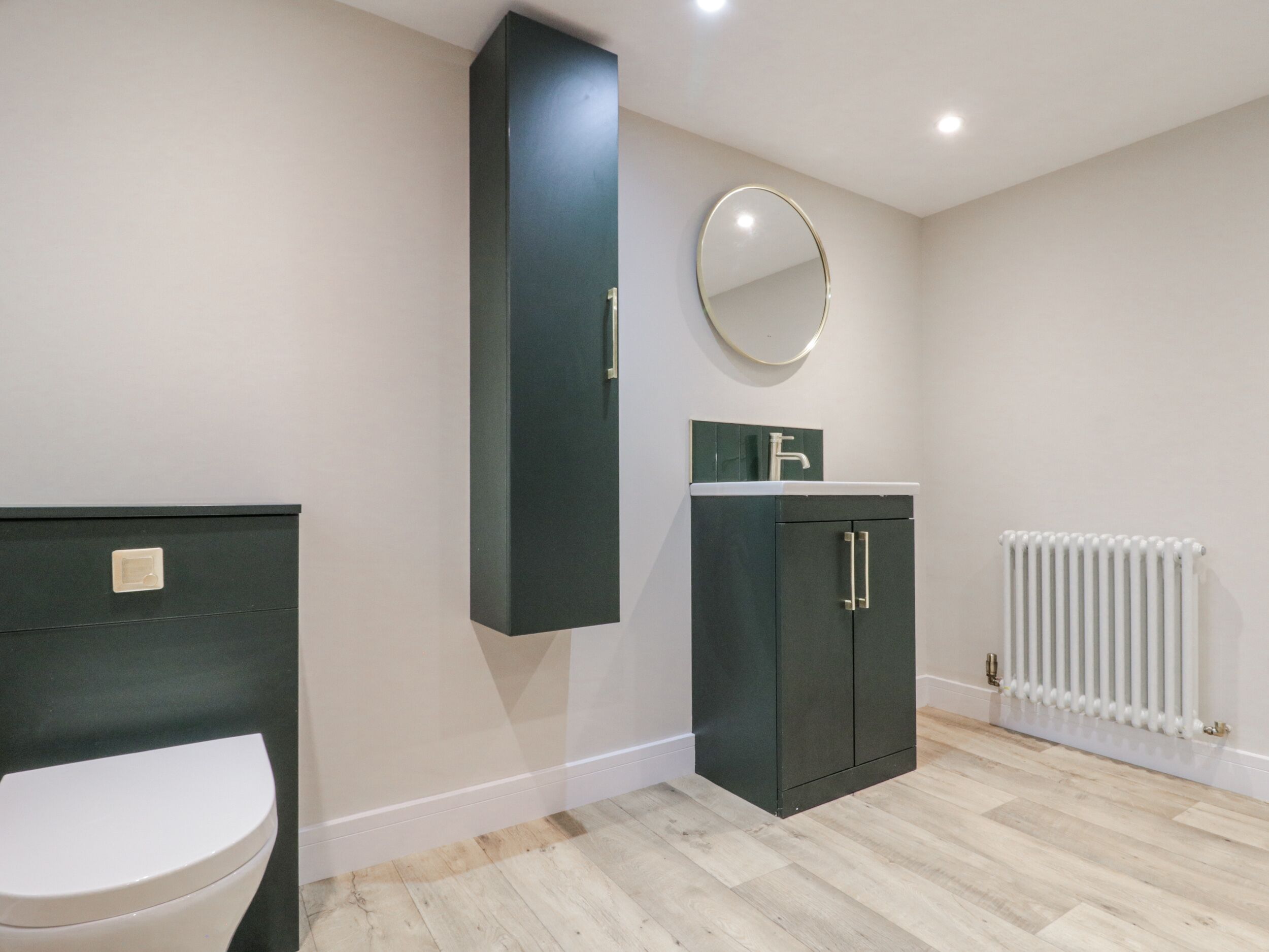 A bathroom with a toilet, a dark cabinet with a mirror, and a radiator.