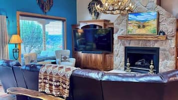 TV, lareira, livros, escritórios