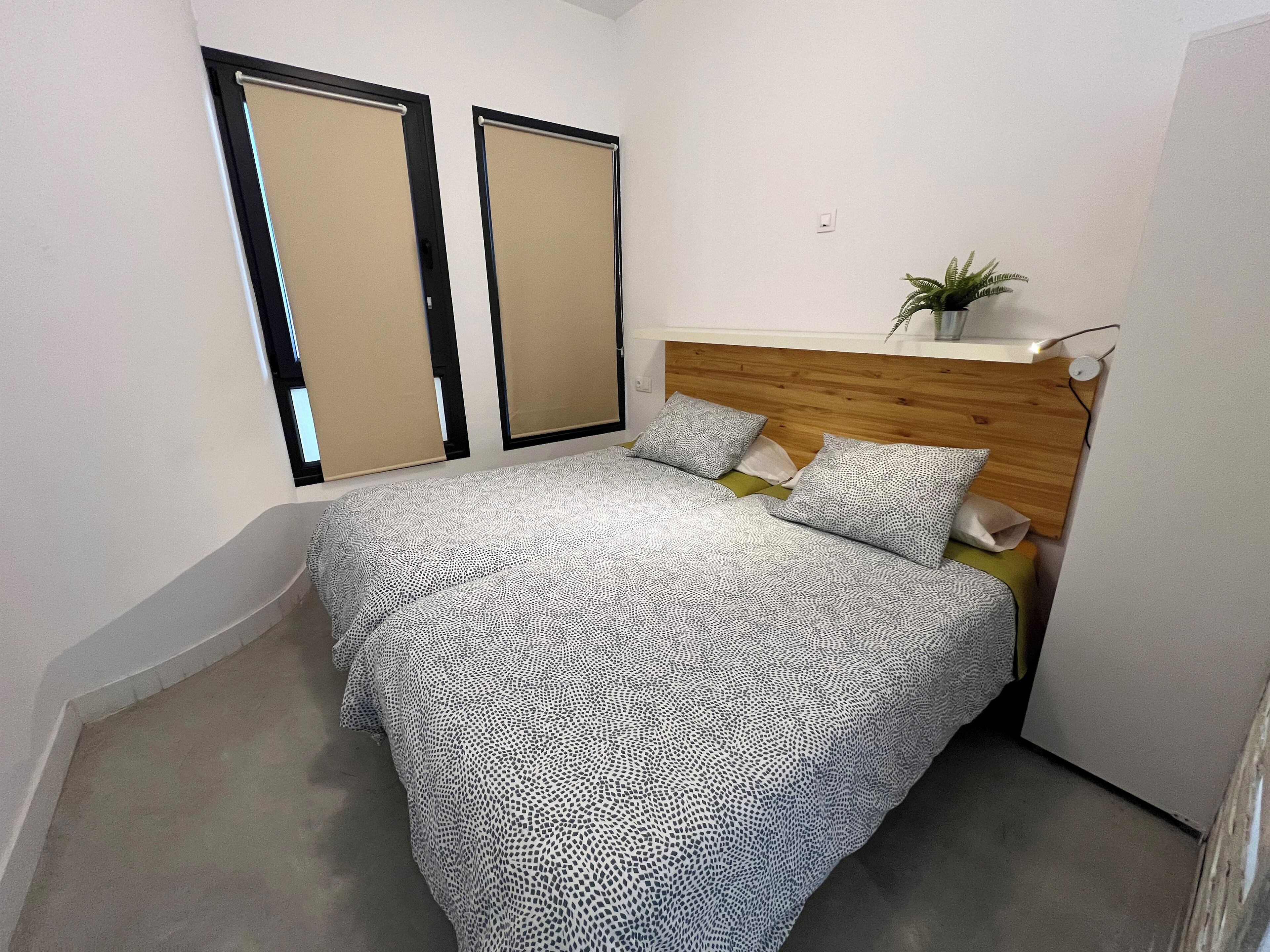 A bedroom with a bed, a wooden headboard, a potted plant, and two doors.