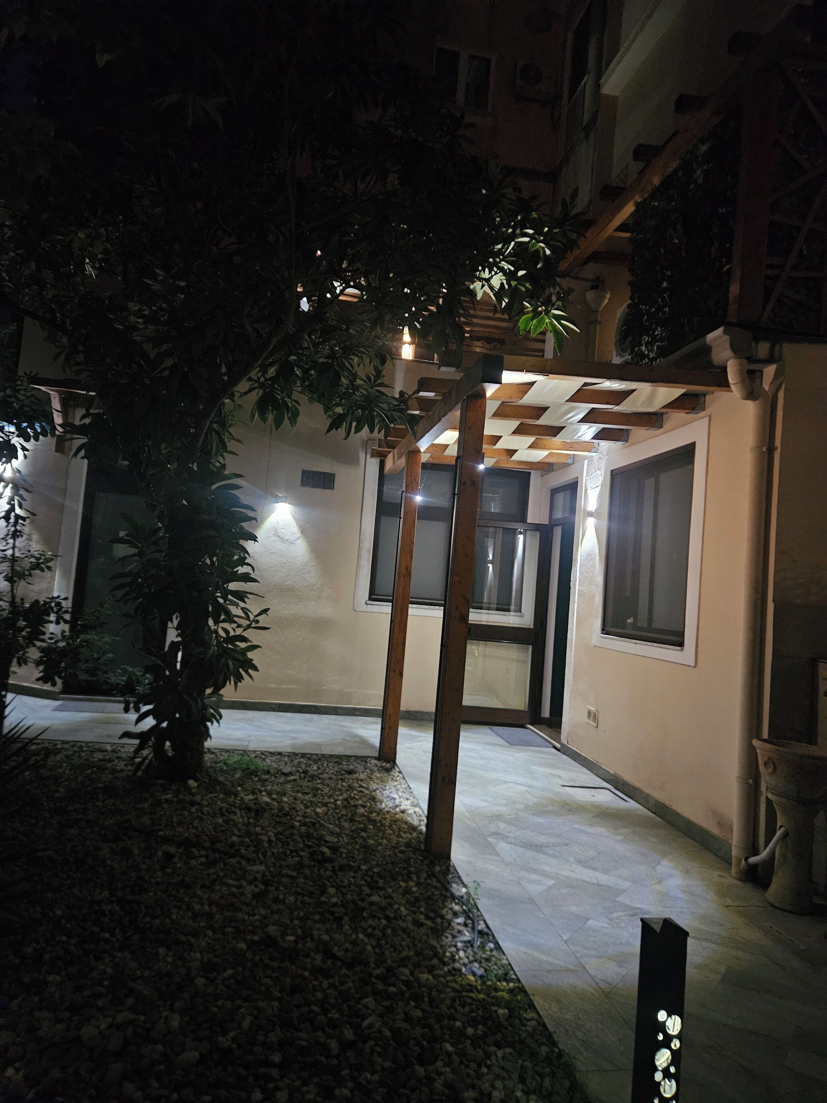 A courtyard with a pergola, a small tree, and a building entrance.