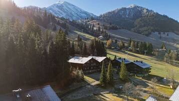 A lodge with multiple buildings, surrounded by a forest and a mountain in the background.