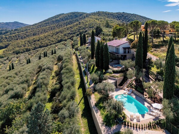 Eine Villa mit Schwimmbad, umgeben von Olivenhainen und Zypressen, mit Blick auf sanfte Hügel im Hintergrund.