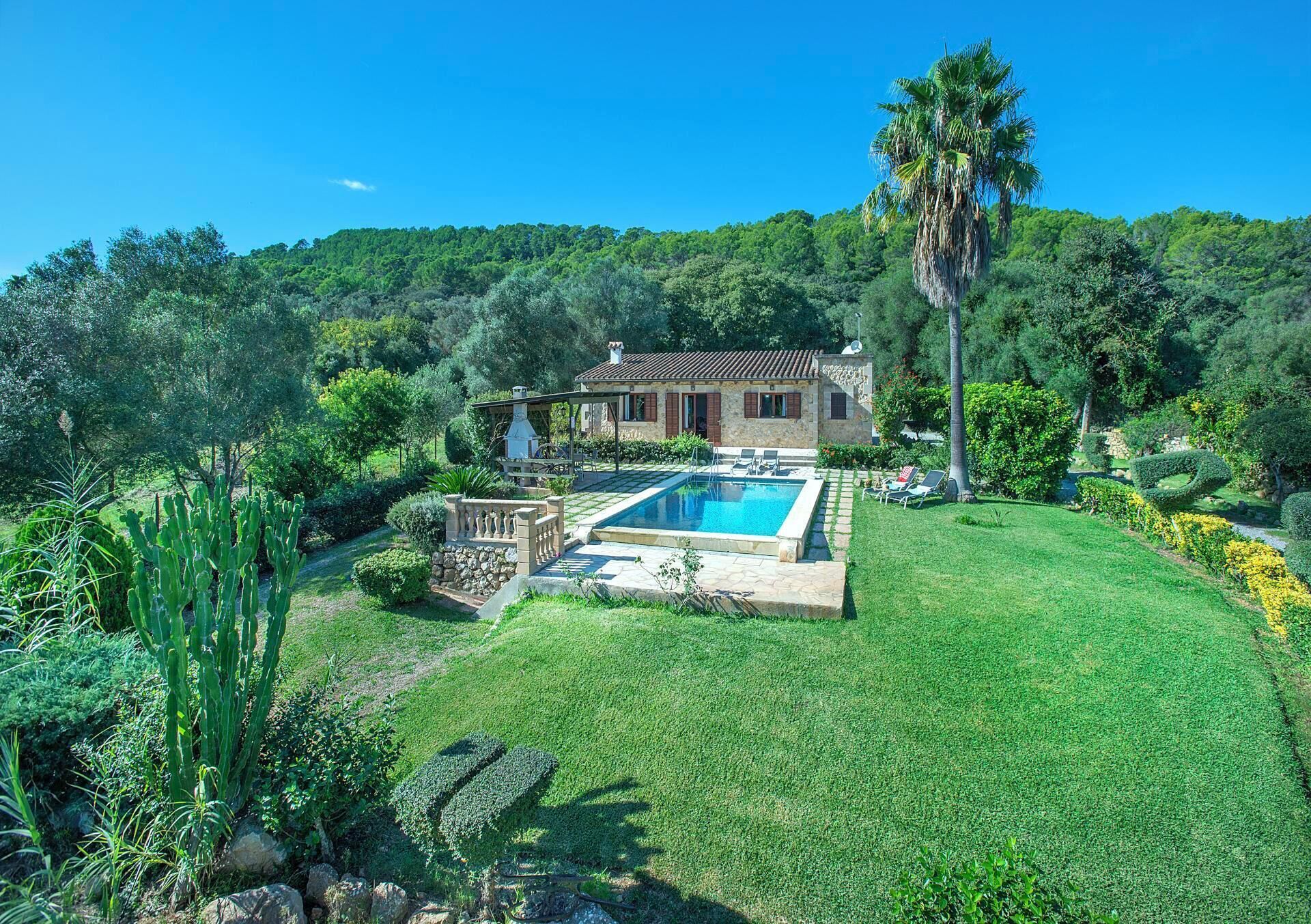 Une maison avec une piscine, entourée d’une pelouse bien entretenue et de diverses plantes.