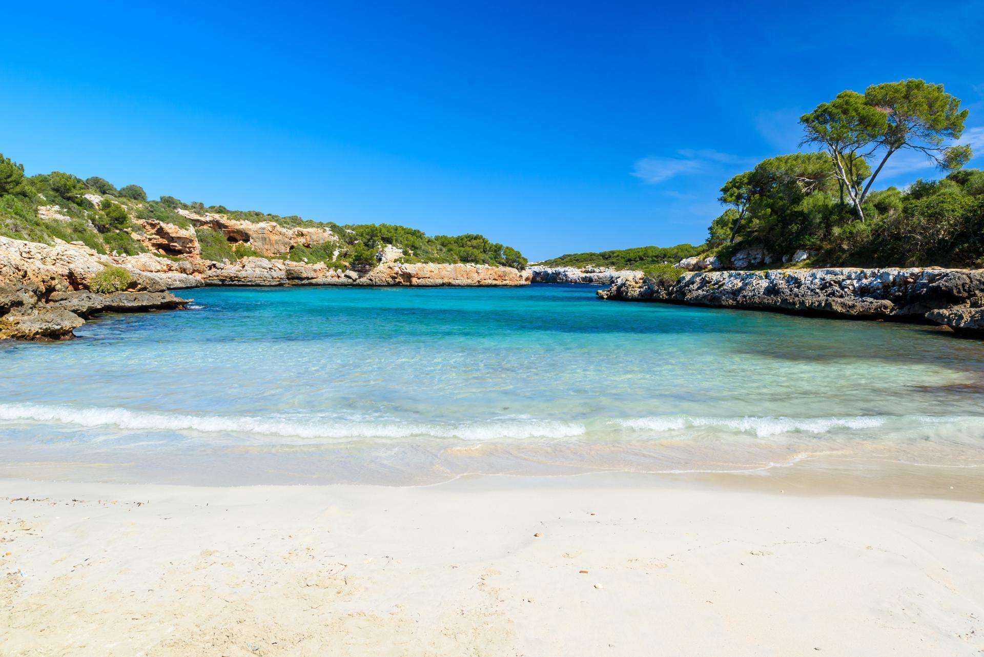 Une plage avec une eau turquoise et limpide, un rivage sablonneux et des falaises rocheuses couvertes de végétation.