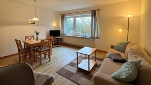 A living room with a sofa, a TV, a dining table with chairs, a window with curtains, and a lamp.