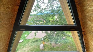 A skylight window with a view of a grassy area and trees.