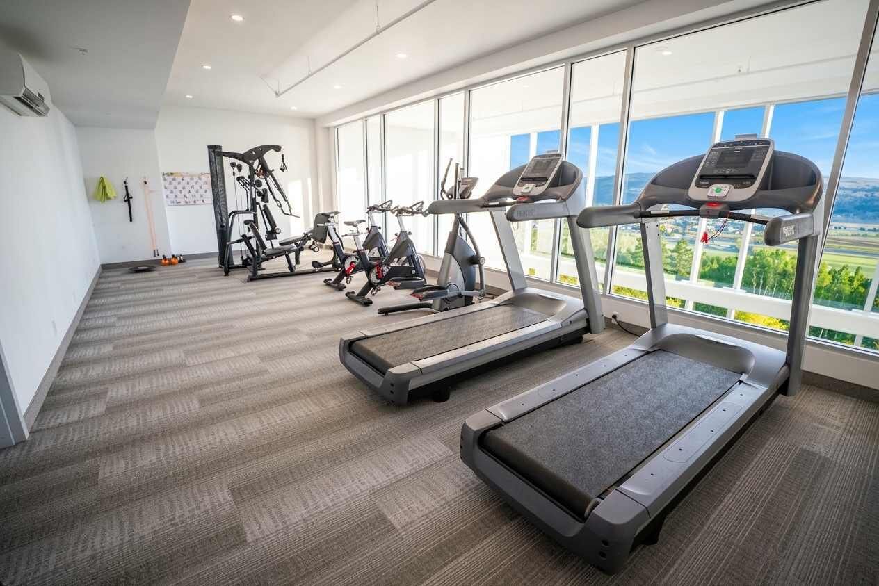 A gym with treadmills, stationary bikes, and weight machines, large windows with a view of the outdoors.