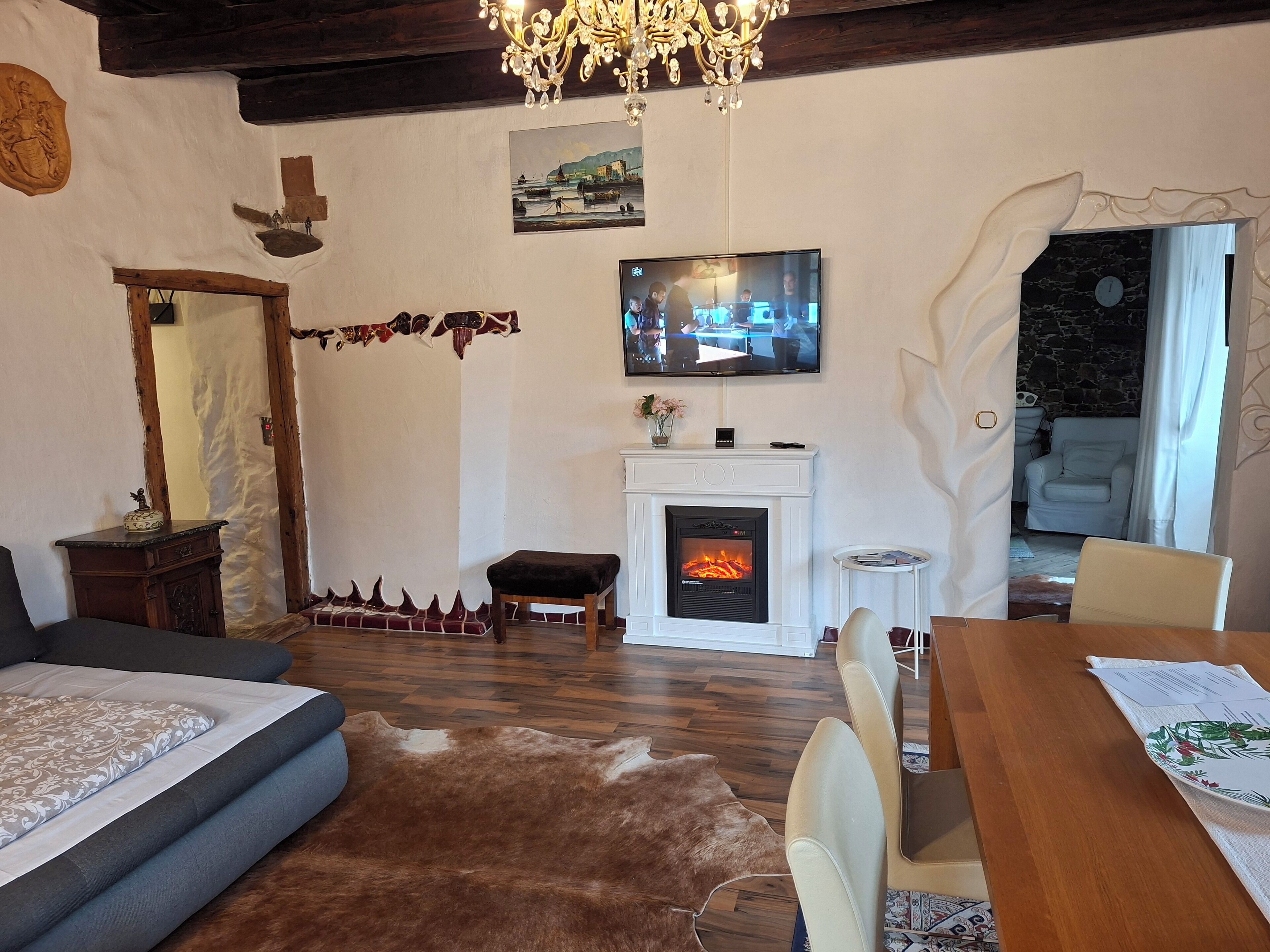 Televisión, chimenea, libros