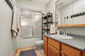 Hair dryer, towels, soap, toilet paper