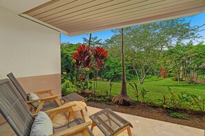 Terrace/patio - Mana Wahine by Gather: Garden Condo w/ Mountain Views & Pool Access (Princeville)