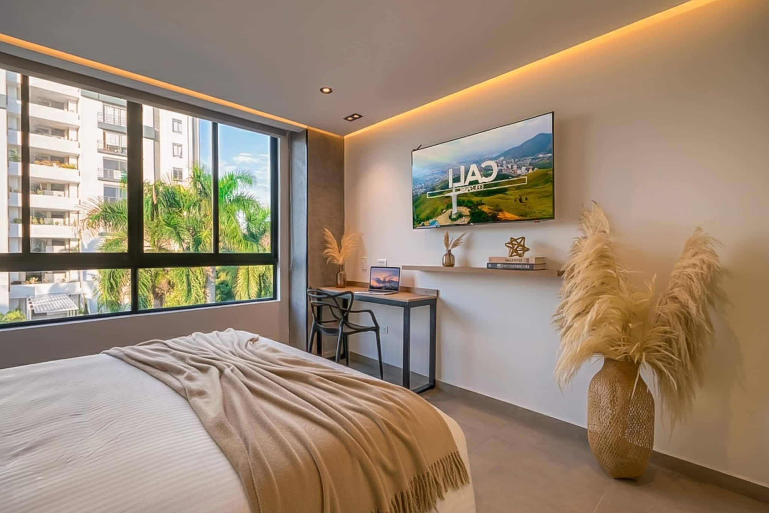 Une chambre moderne avec un grand lit, un bureau et un téléviseur fixé au mur.