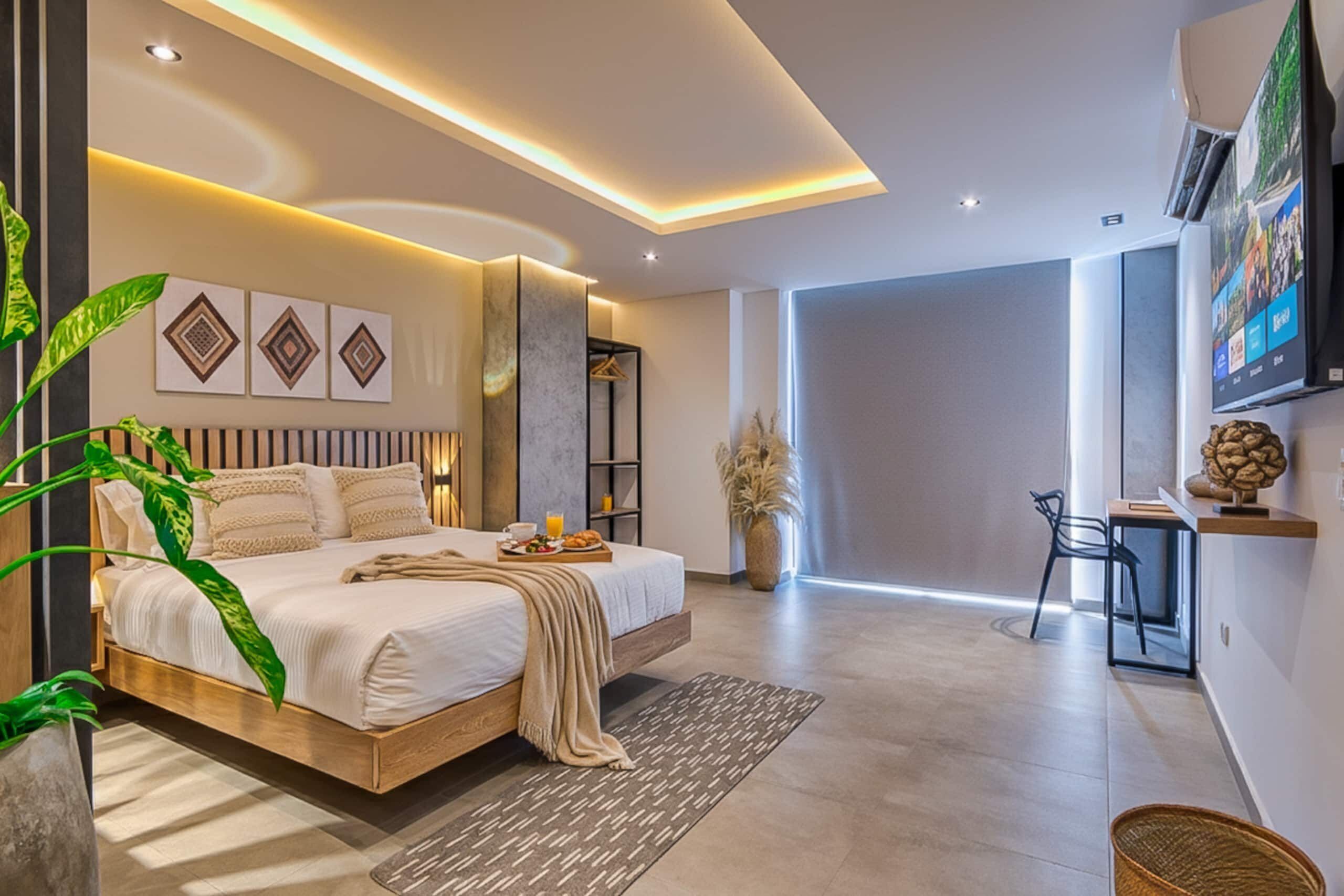 A modern bedroom with a large bed, bedside tables, a flat-screen TV, and a dining area with a chair and table.