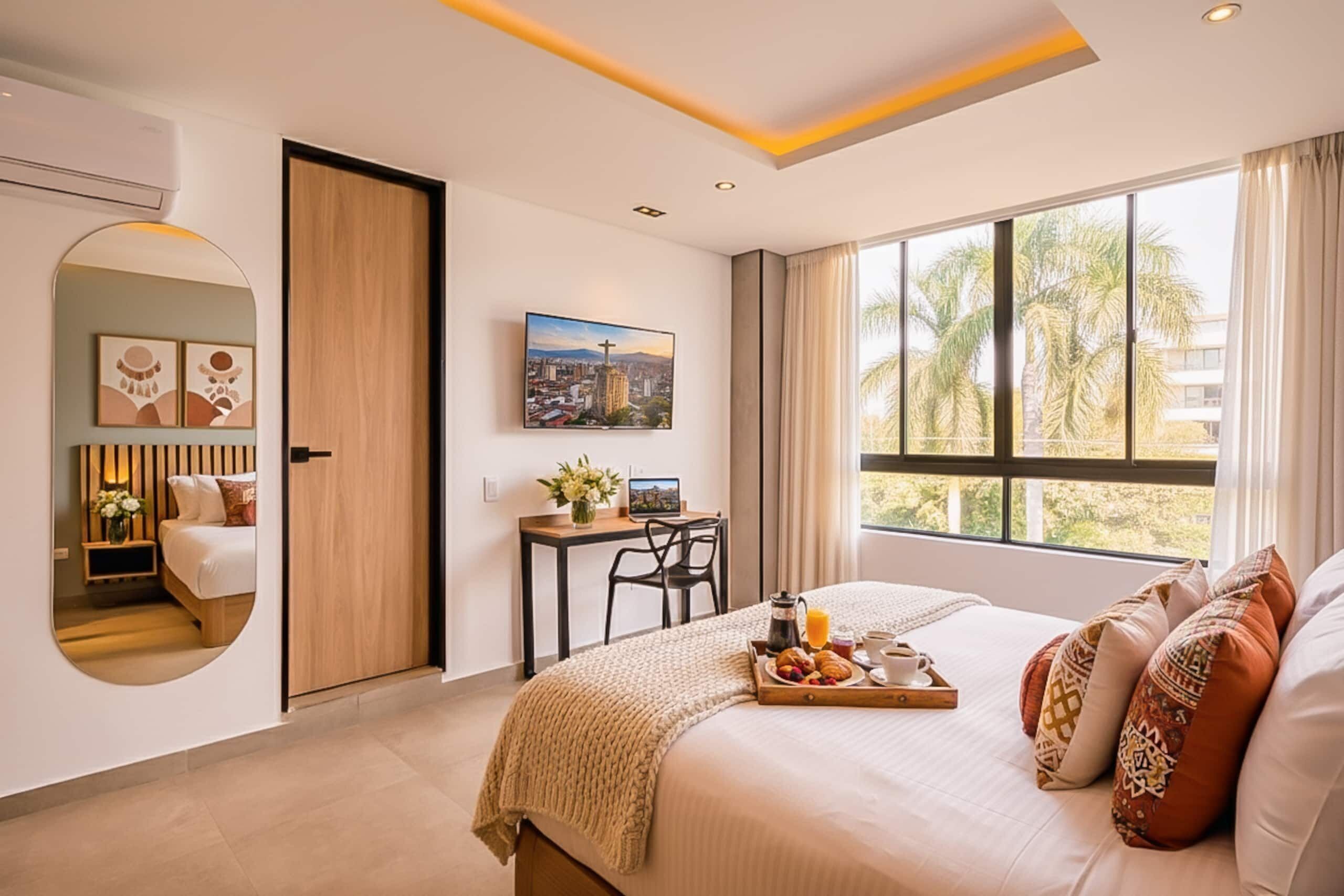 A modern bedroom with a large bed, a desk, a view of palm trees, and a cityscape painting.