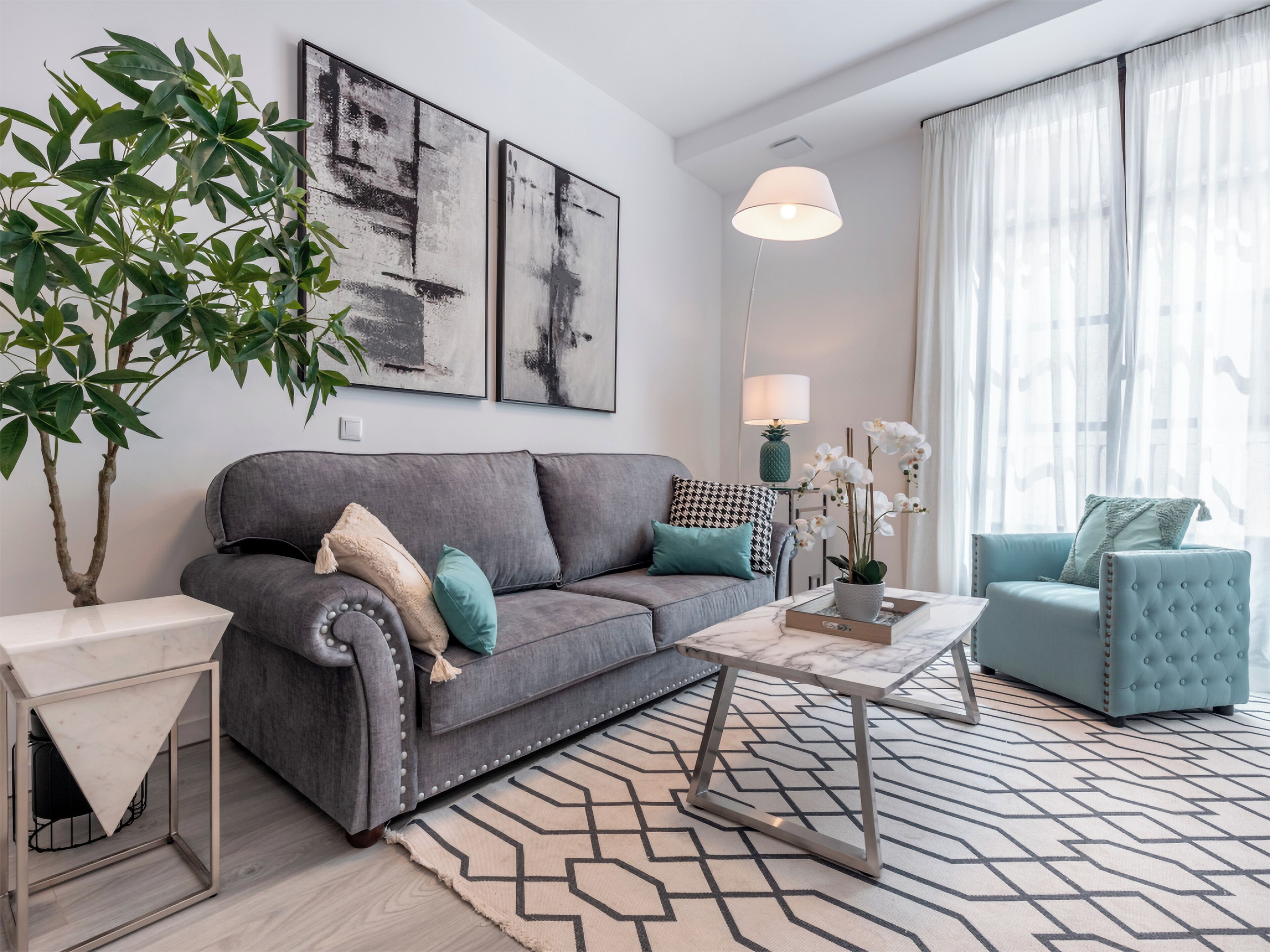 Een moderne woonkamer met een grijze bank, een salontafel, een blauwe fauteuil, een potorkidee en een grote plant.